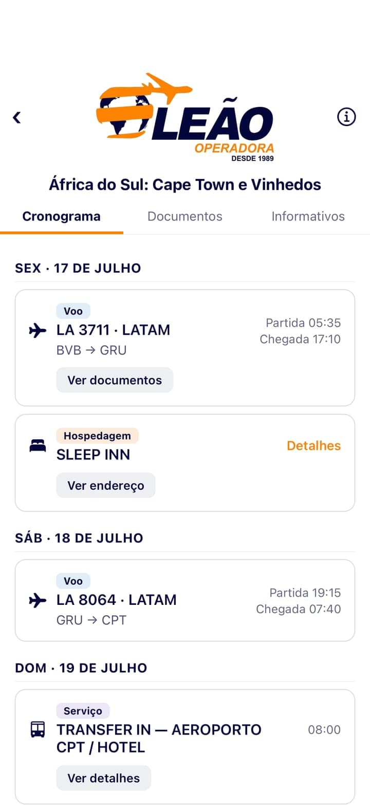 O aplicativo Leão Viagens aberto no cronograma de uma viagem: voos com horários, o hotel e um transfer, organizados por dia.